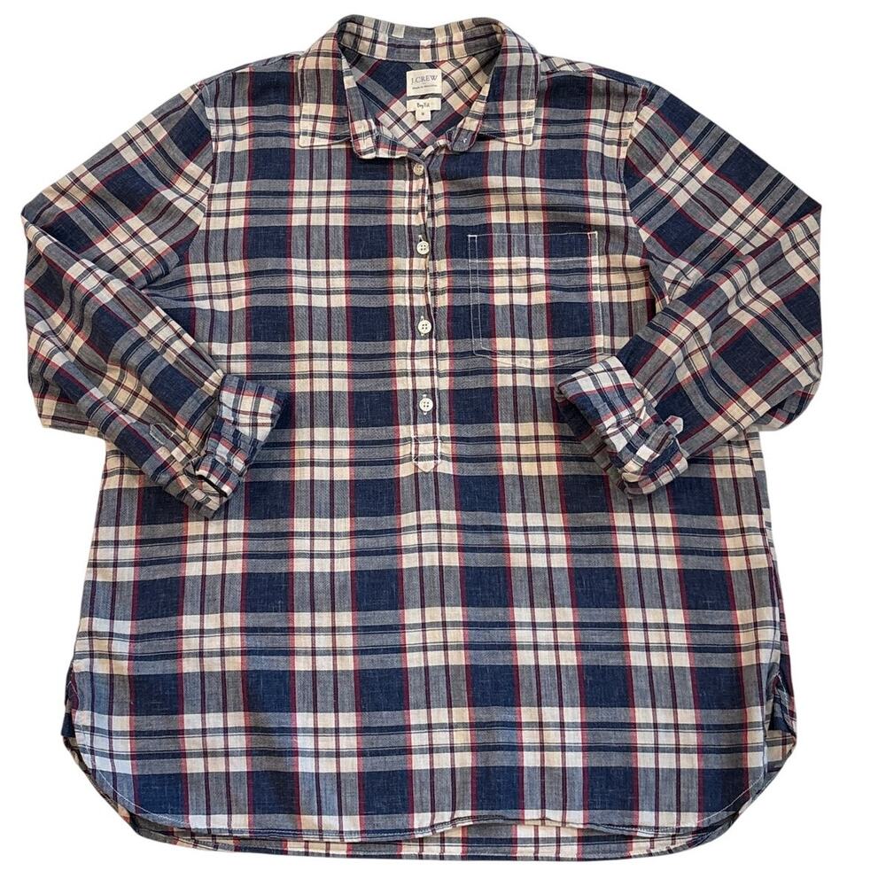 J Crew Shirt Womens Med Blue Plaid Boy Fit Relaxed Button Up Long Sleeve Farmer
